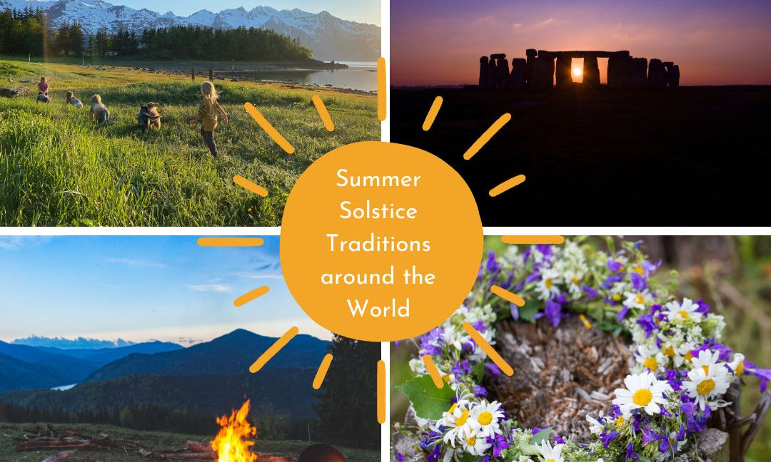 Illustrated collage representing summer solstice traditions around the world