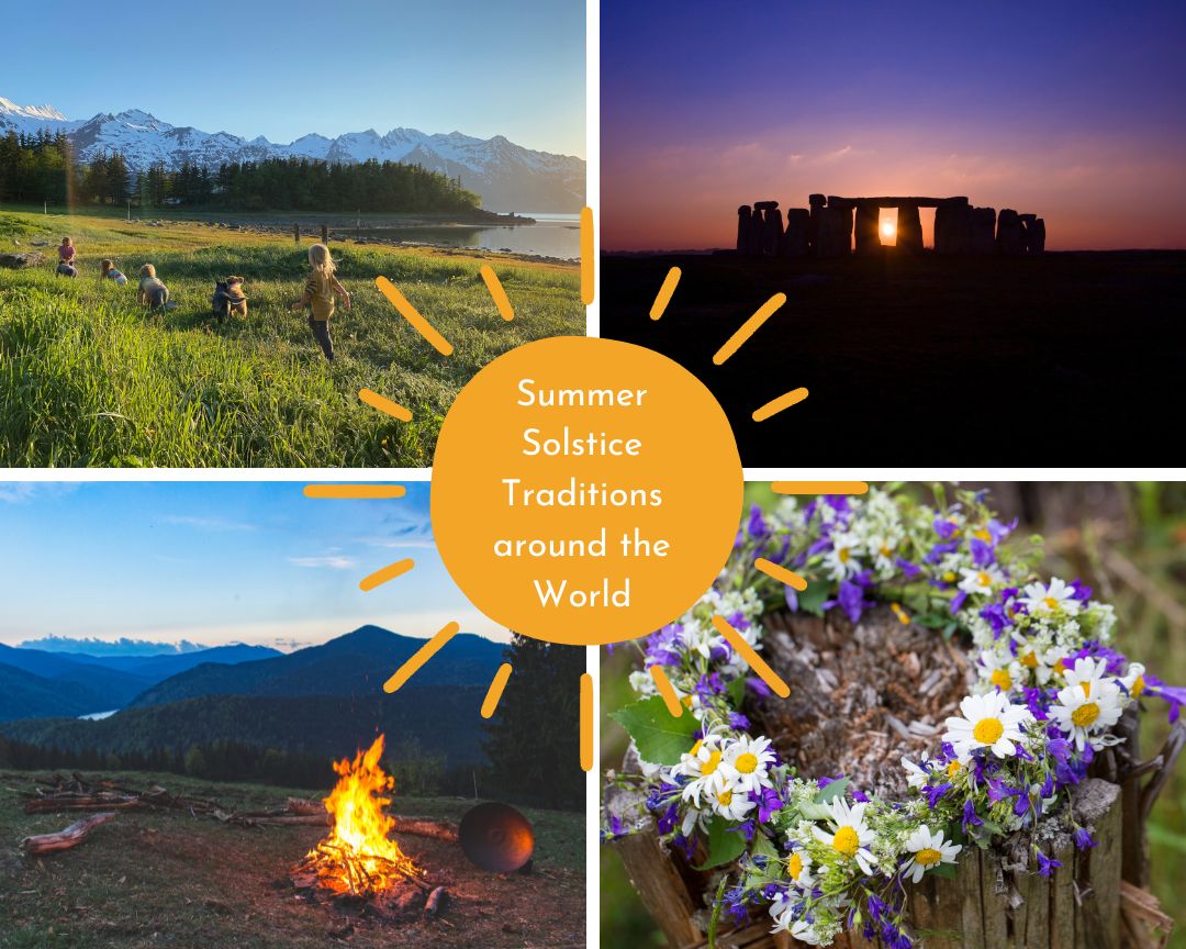 Illustrated collage representing summer solstice traditions around the world
