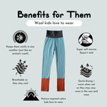 Kids’ merino wool leggings in Birch Sky, shown with premium materials and sourcing details