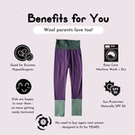 Kids’ merino wool leggings in Twilight, shown with premium materials and sourcing details