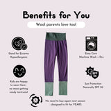 Kids’ merino wool leggings in Twilight, shown with premium materials and sourcing details