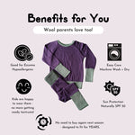 Infographic showing parent benefits of kids merino wool clothing, including easy care, durability, and sun protection