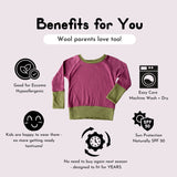 Infographic showing parent benefits of kids merino wool clothing, including easy care, durability, and sun protection