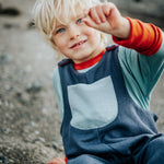 Child wearing a blue outfit with a pocket, sitting on a rocky surface.
