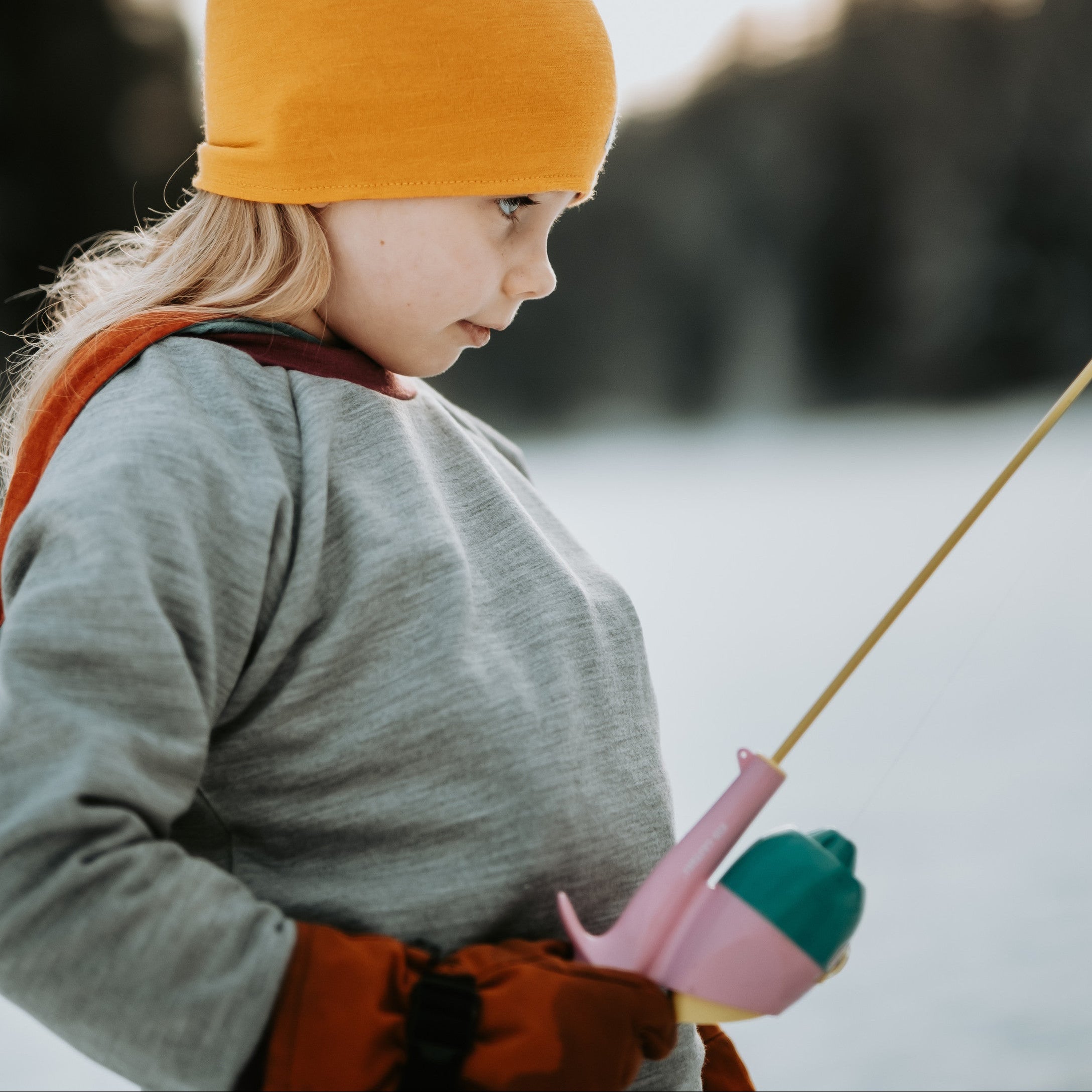Child wearing Kids Ultra Cozy Crew Top in Berry outside