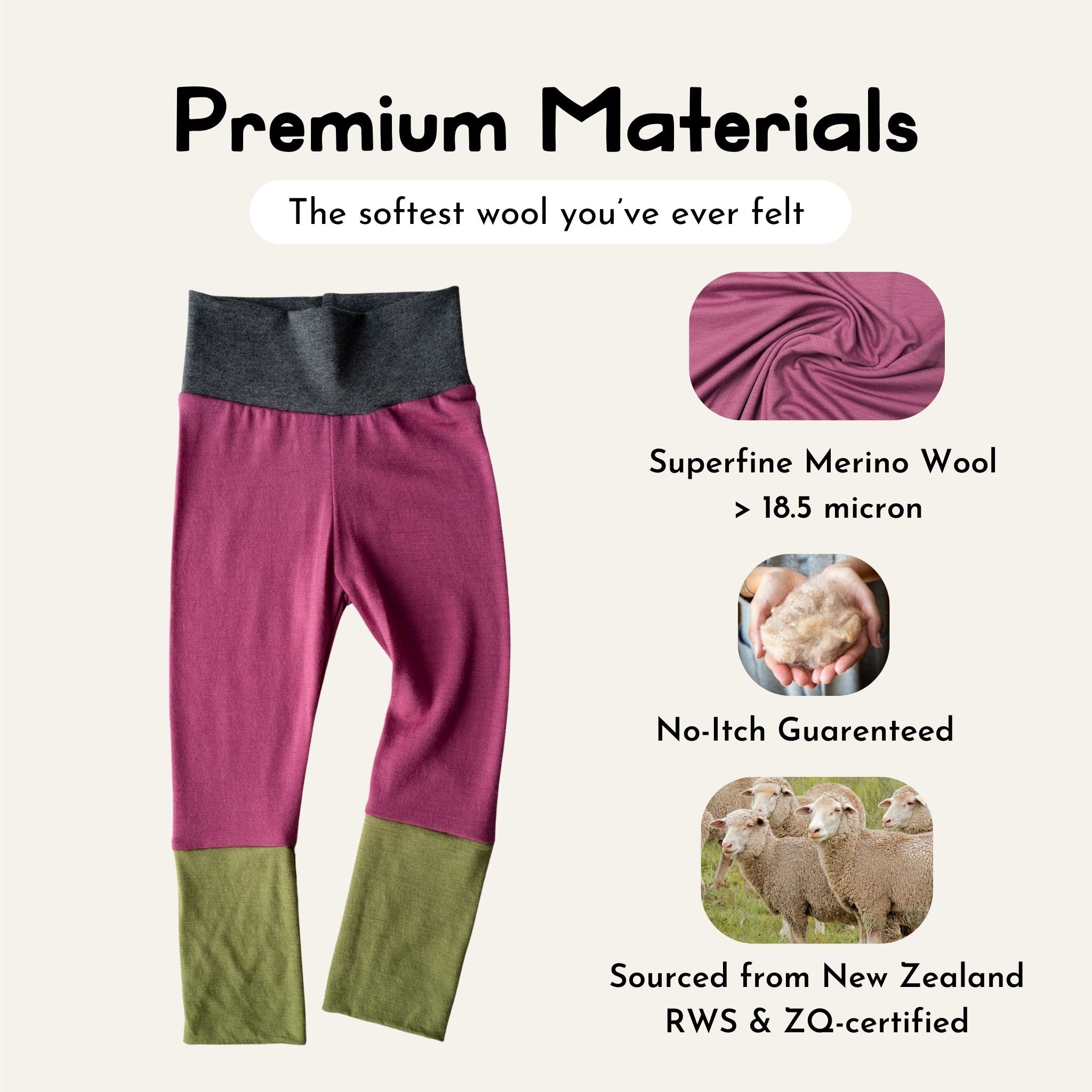 Kids’ merino wool leggings in Fireweed, shown with premium materials and sourcing details.