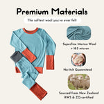 Kids’ Essential Crew and Legging Base Layer Set in Birch Sky, laid flat with product features