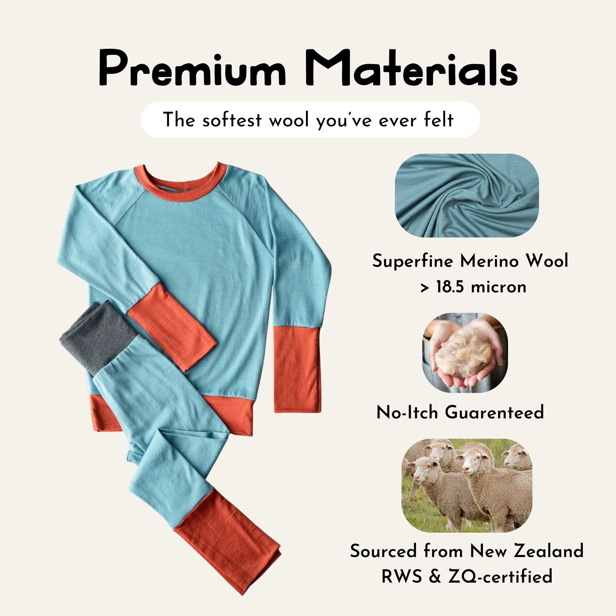Kids’ Essential Crew and Legging Base Layer Set in Birch Sky, laid flat with product features