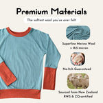 Kids’ Essential Crew and Legging Base Layer Set in Birch Sky, laid flat with product features