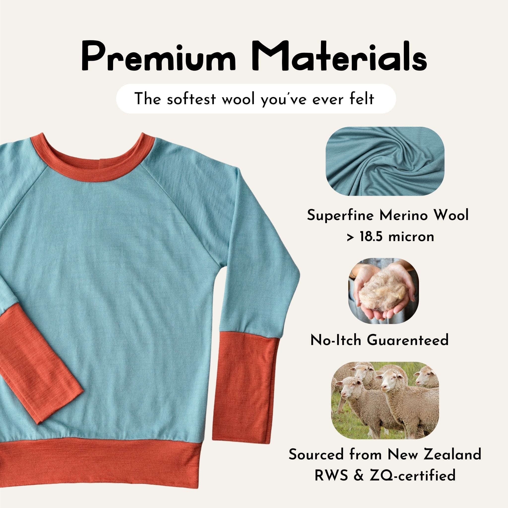Kids’ Essential Crew and Legging Base Layer Set in Birch Sky, laid flat with product features