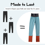 Kids’ merino wool leggings with benefit icons highlighting comfort, breathability, and warmth.